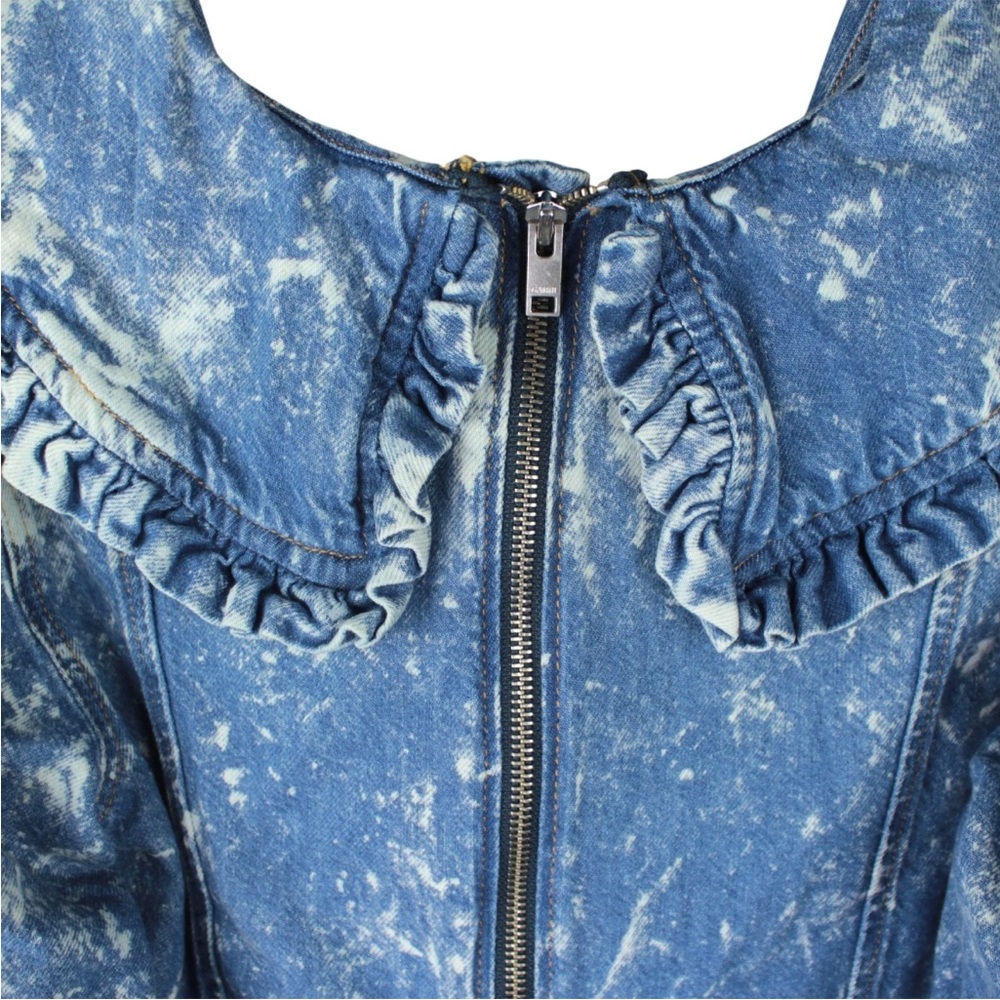 Ganni Light Bleach Denim V-neck Ruffle Collar Dress Size 38 US 6 - Picture 8 of 15